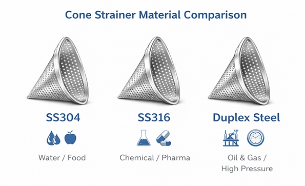 SS304 vs SS316 vs Duplex: Which Cone Strainer Material Should You Choose?
