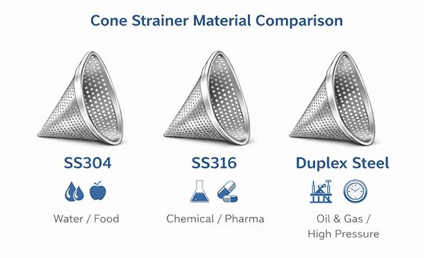 Cone Strainer Material Selection Guide: SS304 vs SS316 vs Duplex Steel